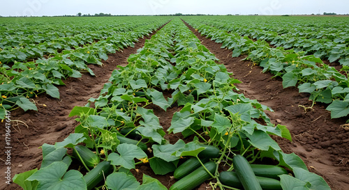 Rows of cucumber plants stretching into the distance under an overcast sky in a field setting