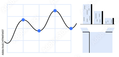 Line graph with data points showing trends, histogram conveying distributions, and open box symbolizing insights. Ideal for business growth, statistics, strategy, innovation, education, analytics