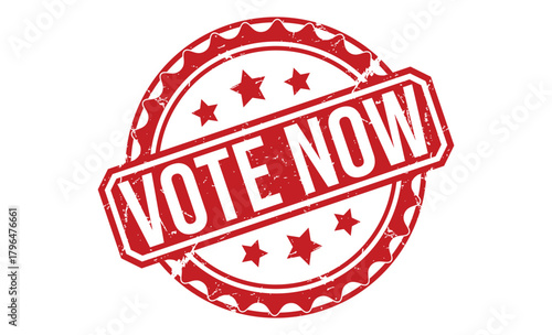 A circular red rubber stamp displaying the urgent call to action VOTE NOW surrounded by stars