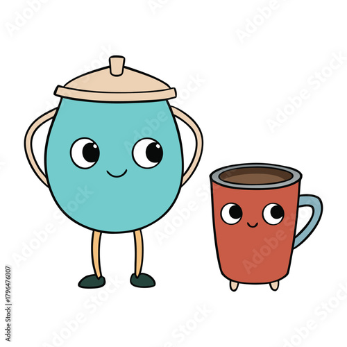 A charming, tiny pot holding a matching cup, radiating warmth and cuteness, perfect for cozy tea moments or as a delightful kitchen decoration.
