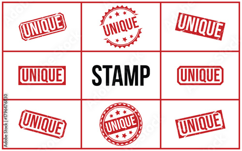 A collection of nine distinct red distressed rubber stamps with the word UNIQUE