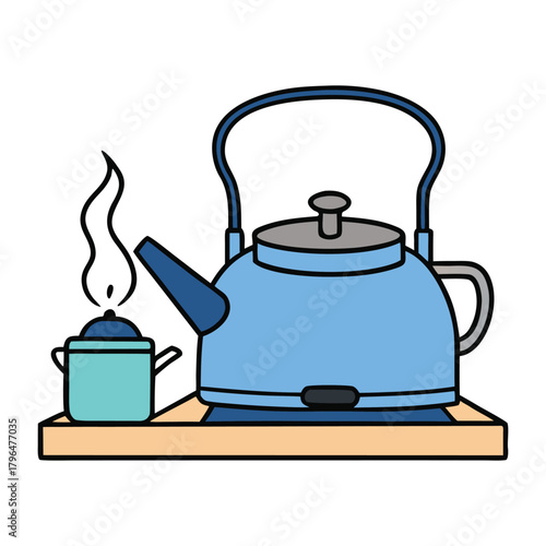 A metal kettle heats on a gas stove, flames glowing blue beneath it. Water boils inside, sending swirling steam rising from the spout in a warm, lively burst of energy.
