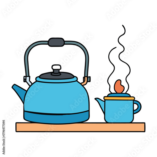 A metal kettle heats on a gas stove, flames glowing blue beneath it. Water boils inside, sending swirling steam rising from the spout in a warm, lively burst of energy.
