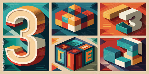 Retro Isometric Number Three and Geometric Shapes in a Colorful and Textured Design