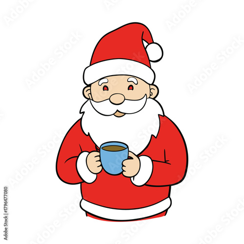 Santa Claus enjoys a warm cup of tea, steam swirling around his rosy cheeks as he relaxes in his cozy red suit, taking a peaceful break from his magical holiday journey.
