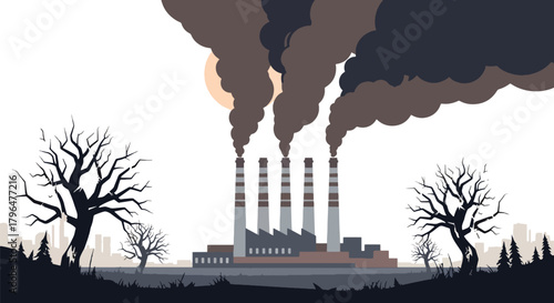 Flat vector illustration of factory chimneys releasing thick toxic smoke, representing industrial air pollution, environmental damage, and climate impact