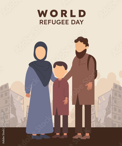 A picture of a Palestinian family standing in front of a large national flag amidst the ruins of buildings
