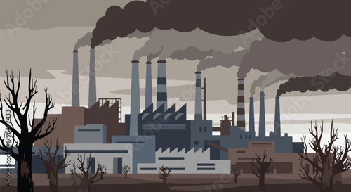 Flat vector illustration of factory chimneys releasing thick toxic smoke, representing industrial air pollution, environmental damage, and climate impact