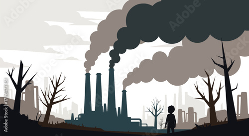 Flat vector illustration of factory chimneys releasing thick toxic smoke, representing industrial air pollution, environmental damage, and climate impact