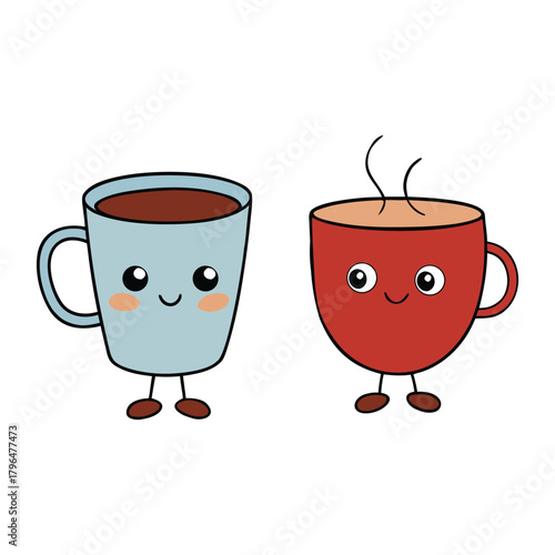 Two cups, one tea and one coffee, sit side by side, steam rising in gentle swirls. Their warm aromas blend in the air, creating a cozy moment perfect for sharing and relaxing.
