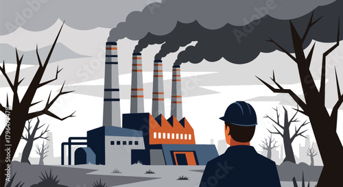 Flat vector illustration of factory chimneys releasing thick toxic smoke, representing industrial air pollution, environmental damage, and climate impact