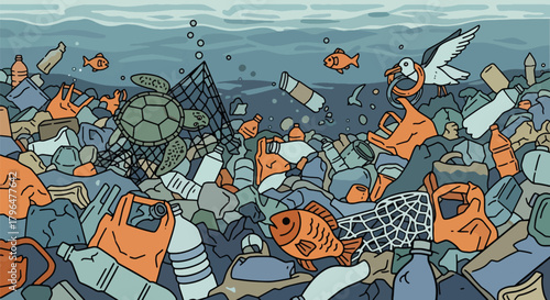Flat vector illustration of ocean pollution with floating plastic bottles, bags, and debris harming marine life. Clean shapes, solid colors, no gradients, strong environmental message