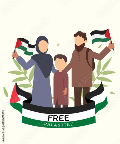 A Palestinian family stands in front of a large national flag.
