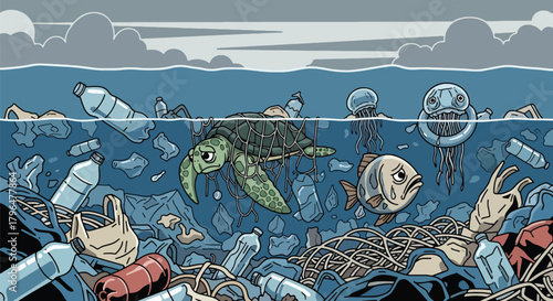 Flat vector illustration of ocean pollution with floating plastic bottles, bags, and debris harming marine life. Clean shapes, solid colors, no gradients, strong environmental message