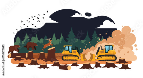 Flat vector deforestation scene with tree stumps, heavy machinery, and animals losing habitat. Solid colors, no gradients, showing environmental destruction and climate impact