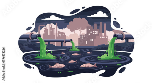 Flat vector illustration of chemical pipes dumping toxic waste into a river, killing fish and contaminating water sources. Solid colors, no gradients, environmental pollution warning