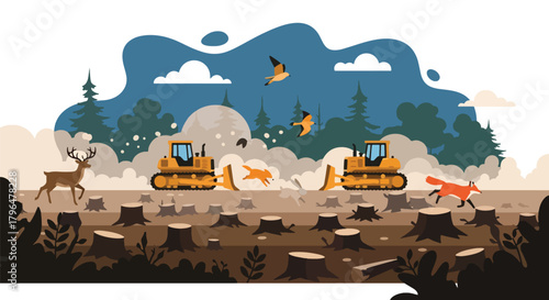 Flat vector deforestation scene with tree stumps, heavy machinery, and animals losing habitat. Solid colors, no gradients, showing environmental destruction and climate impact