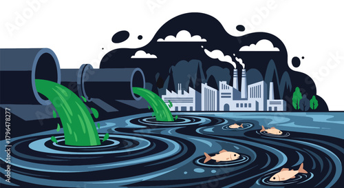 Flat vector illustration of chemical pipes dumping toxic waste into a river, killing fish and contaminating water sources. Solid colors, no gradients, environmental pollution warning