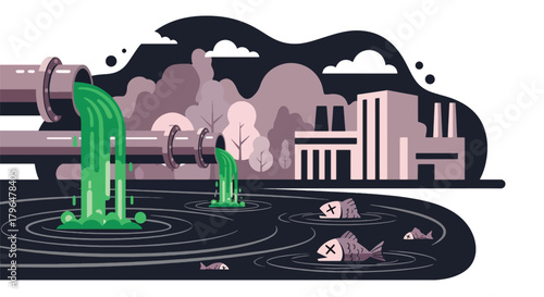 Flat vector illustration of chemical pipes dumping toxic waste into a river, killing fish and contaminating water sources. Solid colors, no gradients, environmental pollution warning