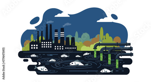 Flat vector illustration of chemical pipes dumping toxic waste into a river, killing fish and contaminating water sources. Solid colors, no gradients, environmental pollution warning