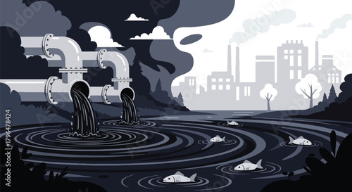 Flat vector illustration of chemical pipes dumping toxic waste into a river, killing fish and contaminating water sources. Solid colors, no gradients, environmental pollution warning