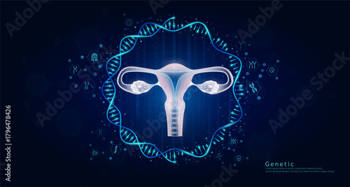 Genetic science medical. Uterus organ hologram transparent inside the DNA RNA surrounded by chromosome nucleus cell icons on dark blue background. Banner vector.