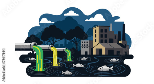Flat vector illustration of chemical pipes dumping toxic waste into a river, killing fish and contaminating water sources. Solid colors, no gradients, environmental pollution warning