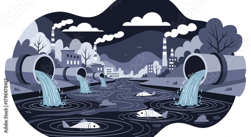 Flat vector illustration of chemical pipes dumping toxic waste into a river, killing fish and contaminating water sources. Solid colors, no gradients, environmental pollution warning