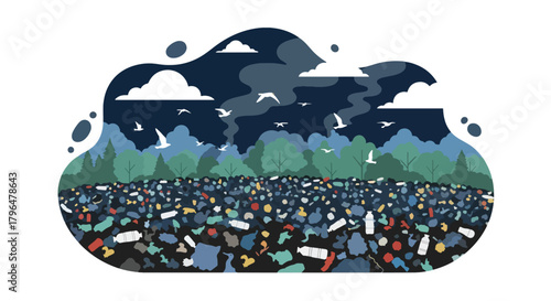 Flat vector landfill scene filled with plastic waste, trash piles, and birds scavenging. Solid colors, no gradients, highlighting global pollution, waste crisis, and environmental problems