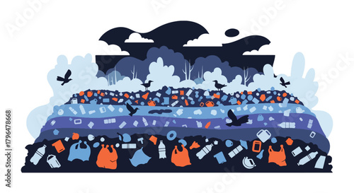 Flat vector landfill scene filled with plastic waste, trash piles, and birds scavenging. Solid colors, no gradients, highlighting global pollution, waste crisis, and environmental problems