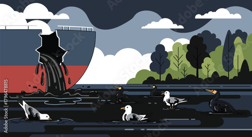 Flat vector illustration of oil leaking from damaged tanker, causing ocean pollution and harming marine life. Solid colors, no gradients, impactful environmental disaster artwork