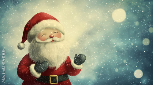 Santa Claus on a snow winter background, cute watercolor illustration. Christmas and New Year Background, copy space