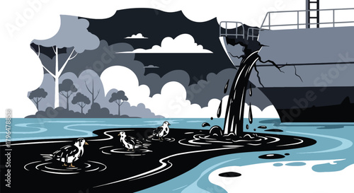 Flat vector illustration of oil leaking from damaged tanker, causing ocean pollution and harming marine life. Solid colors, no gradients, impactful environmental disaster artwork