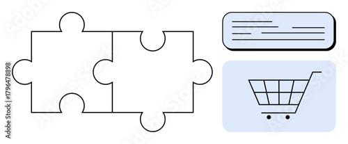 Puzzle pieces interlocked, text box, and shopping cart. Ideal for collaboration, solution, e-commerce, systems, communication marketing innovation. Simple flat metaphor