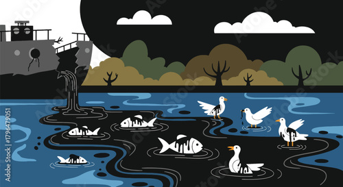 Flat vector illustration of oil leaking from damaged tanker, causing ocean pollution and harming marine life. Solid colors, no gradients, impactful environmental disaster artwork