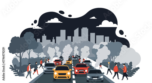 Flat vector crowded highway with cars releasing heavy exhaust fumes into the air. Solid colors, no gradients, illustrating urban pollution caused by traffic congestion