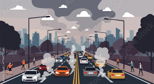 Flat vector crowded highway with cars releasing heavy exhaust fumes into the air. Solid colors, no gradients, illustrating urban pollution caused by traffic congestion