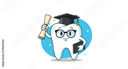 A smiling cartoon tooth graduate in a cap and glasses proudly holds a diploma and book, representing dental education and academic success.