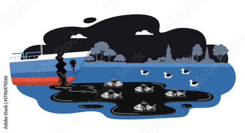 Flat vector illustration of oil leaking from damaged tanker, causing ocean pollution and harming marine life. Solid colors, no gradients, impactful environmental disaster artwork