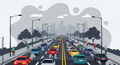 Flat vector crowded highway with cars releasing heavy exhaust fumes into the air. Solid colors, no gradients, illustrating urban pollution caused by traffic congestion