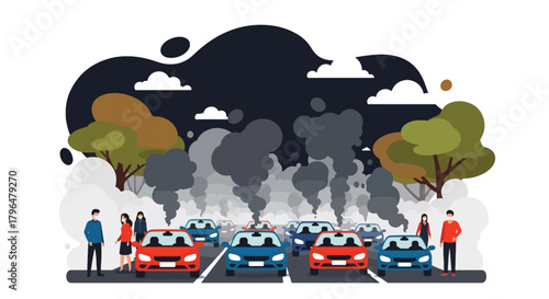 Flat vector crowded highway with cars releasing heavy exhaust fumes into the air. Solid colors, no gradients, illustrating urban pollution caused by traffic congestion