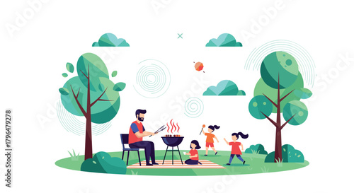 A father barbecues delicious food while his three children play happily in a sunny park, enjoying a beautiful day outdoors.