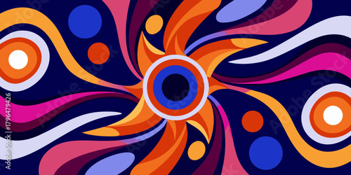 Colorful Abstract Swirls and Circles on Dark Background Retro Psychedelic Design