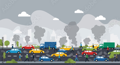 Flat vector crowded highway with cars releasing heavy exhaust fumes into the air. Solid colors, no gradients, illustrating urban pollution caused by traffic congestion
