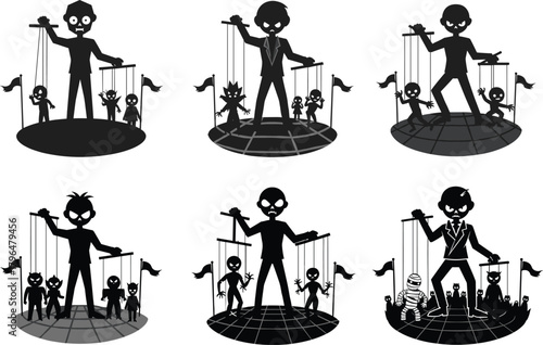Puppet master controlling marionettes, concept of manipulation, authority, power dynamics, black and white vector illustration, cartoon style, symbolic control theme