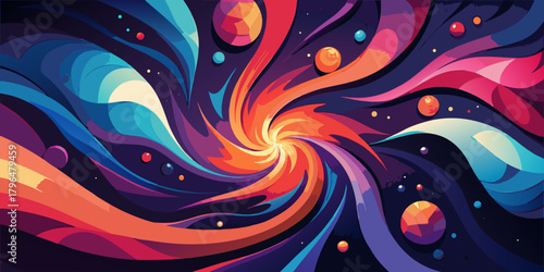Abstract Swirling Galaxy with Planets and Stars in Vibrant Colors a Modern Artistic Illustration
