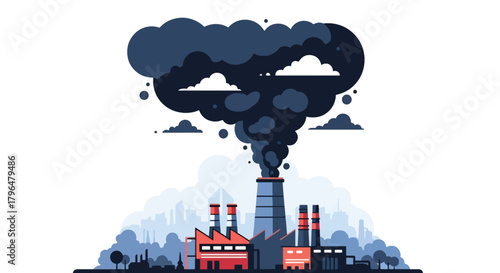 Flat vector explosion at chemical factory releasing dangerous toxic smoke into the sky. Solid tones, no gradients, strong environmental disaster and industrial pollution message