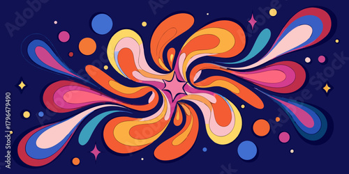 Retro Psychedelic Starburst with Colorful Shapes and Vibrant Colors on a Dark Blue Background