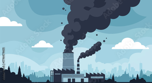 Flat vector explosion at chemical factory releasing dangerous toxic smoke into the sky. Solid tones, no gradients, strong environmental disaster and industrial pollution message