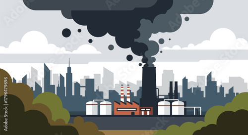 Flat vector explosion at chemical factory releasing dangerous toxic smoke into the sky. Solid tones, no gradients, strong environmental disaster and industrial pollution message